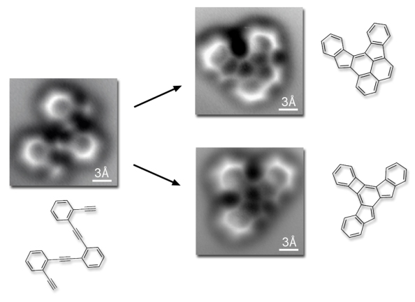 Απεικόνιση των μορίων πριν και μετά την αντίδραση που πραγματοποιείται όταν η θερμοκρασία υπερβαίνει τους 90 βαθμούς Κελσίου. Φαίνονται τα δύο πιο κοινά τελικά προϊόντα της αντίδρασης.