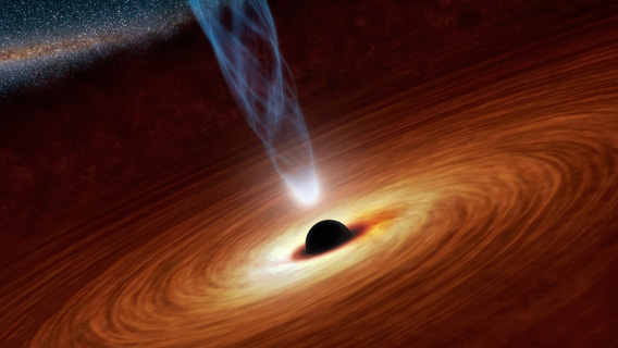 Artist's illustration of matter falling into a black hole, with X-rays blasting out from the very cente