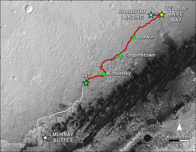 Με κόκκινο χρώμα βλέπουμε την μέχρι σήμερα διαδρομή του Curiosity στην επιφάνεια του πλανήτη Άρη από τον Αύγουστο του 2012