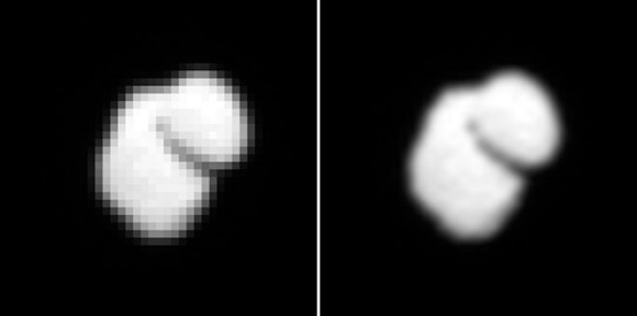 Αριστερά η πρώτη εικόνα του κομήτη και δεξιά η ίσια εικόνα μετά από επεξεργασία  Credit: ESA / Rosetta / MPS για OSIRIS Team MPS / UPD / LAM / ΙΑΑ / SSO / INTA / UPM / DASP / IDA 