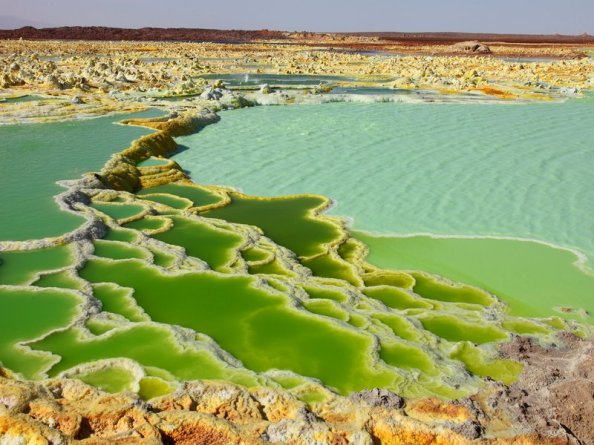 The colorful salt terraces in the Dallol region of Ethiopia are hot targets for astrobiologists seeking extreme microbial life that could resemble extraterrestrials. (Dr. Richard Roscoe/Visuals Unlimited/Corbis)