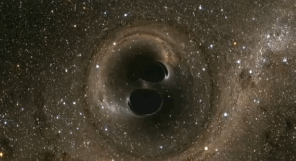 Προσομοίωση της σύγκρουσης δύο μαύρων τρυπών. Το Παρατηρητήριο Βαρυτικών Κυμάτων LIGO (Laser Interferometer Gravitational-Wave Observatory) ανίχνευσε για πρώτη φορά τα βαρυτικά κύματα που παράχθηκαν από τον στροβιλισμό την τελική συγχώνευση δυο μαύρων τρυπών (με μάζες 29 και 36 φορές την μάζα του ήλιου αντίστοιχα). 