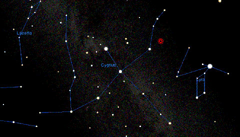 Το σημείο της συγχώνευσης των δυο άστρων στου συστήματος  KIC 9832227 σημειώνεται με τους κόκκινους κύκλους στον αστερισμό του Κύκνου. (L. Molnar / Calvin College)